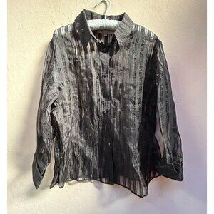 Emil Rutenberg Collection Womens Linen Blend Striped Sheer Blouse Large Black
